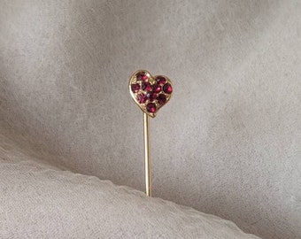 vintage gold plate heart dark red crystal rhinestone pave stick pin brooch valentine love gift wedding bride bridal mother grandmother