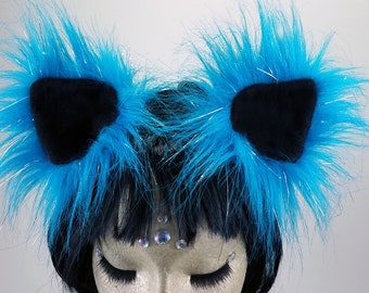 Blue Cat Ears, Faux Fur Ears, Clip on Animal Ears, Rave Ears, fury kitty Cosplay Ears, Festival Ears, Critter Hair Clips, Turquoise cat ears