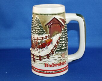 Vintage 1984 Budweiser Limited Edition Covered Bridge Beer Stein Handcrafted Holiday Tankard Brazil Bar Memorabilia Barware Collectible