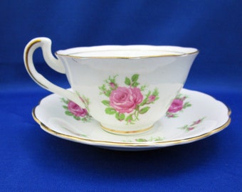 Vintage Vanderwood Bone China Tea Cup and Saucer with Pink Cabbage Rose Pattern, Made in England English Tea Party