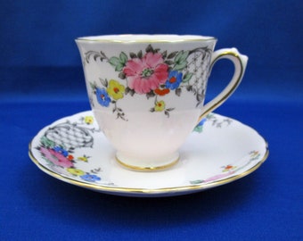 Vintage Tuscan Bone China Tea Cup and Saucer with Floral Spray and Lattice Hand Accented 7501 England demitasse espresso English Tea Party