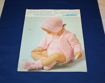 Vintage Peaches n Cream Baby Clothing Crochet Pattern Book Leaflet Crocheting Baby Clothes Patterns BERNAT Projects Hats Booties Booklet