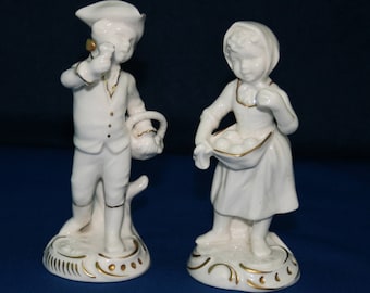 RARE Vintage Goebel Hofgarten White and Gold Garden Boy and Girl Figurines 1979  12-200-14 / 12-203-14 Ceramic Figures Figurine Knick Knack