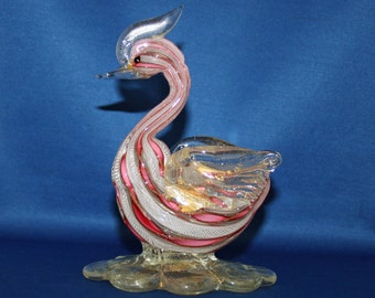 Vintage Murano Glass Pink Latticino White Zanfirico & Gold Avertine Bird Sculpture Made in Italy Hand Blown Art Glass Figurine Knick Knack