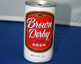 Vintage Brown Derby Lager Beer Can Steel Pull Tab Opened Empty Bar Memorabilia Barware Collectible Breweriana Advertisement Ephemera