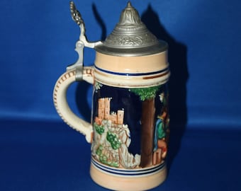 Vintage Simon Peter Gerz Stoneware German Beer Stein Hand Painted Pewter Lid Stamped Tankard Fabrikmarke Breweriana Bar Collectible Barware