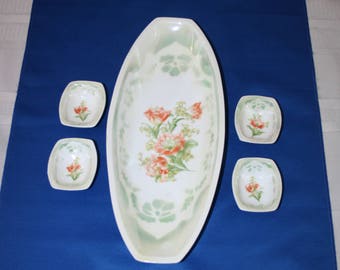 Antique Three Crown China Celery Serving Dish Set 4 matching Salt Dip Cups Germany Salt Cellars Snack Set Bowl Nut Pickle or Relish Dish