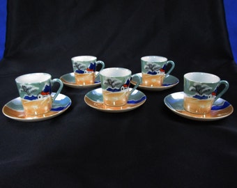 Antique Lusterware Teacup and Saucer Demitasse Cup Tea Cup Japan Set of 5 Hand Painted Country Scene in Teal Gold and Blue Japanese Vintage