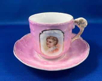 Vintage Pink Lusterware Cameo German Child Demitasse Teacup & Saucer Set 1940's Antique Porcelain Tea Cup Made in Germany