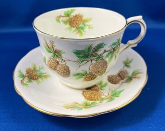 Vintage Teacup & Saucer Pinecone Pattern by Clarence Bone China Made in England Tea Coffee Pine Cone Cup 1950s