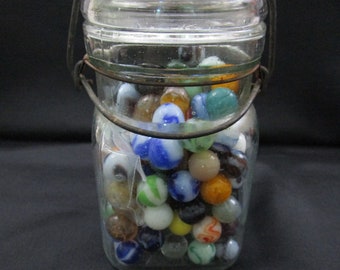 Vintage Marbles in an Antique SKO Wide Mouth Queen Pint Mason Jar - Handmade Marbles. different sizes multiple and deceptive colors