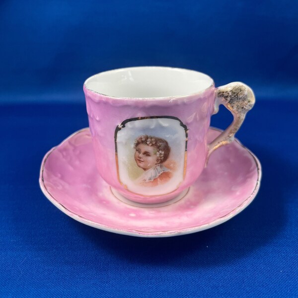 Vintage Pink Lusterware Cameo German Child Demitasse Teacup & Saucer Set 1940's Antique Porcelain Tea Cup Hecho en Alemania