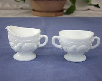 Vintage Creamer and Sugar Bowl Set Westmoreland Milk Glass  Embossed Fruit 1950's 1960's pattern 1058 Collectible Tableware Country Kitchen