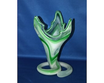 Vintage Murano Venetian Art Glass Vase Free Form Variegated Green and White Glass Sculpture Made in Italy Home Decor Flower Bud Vase