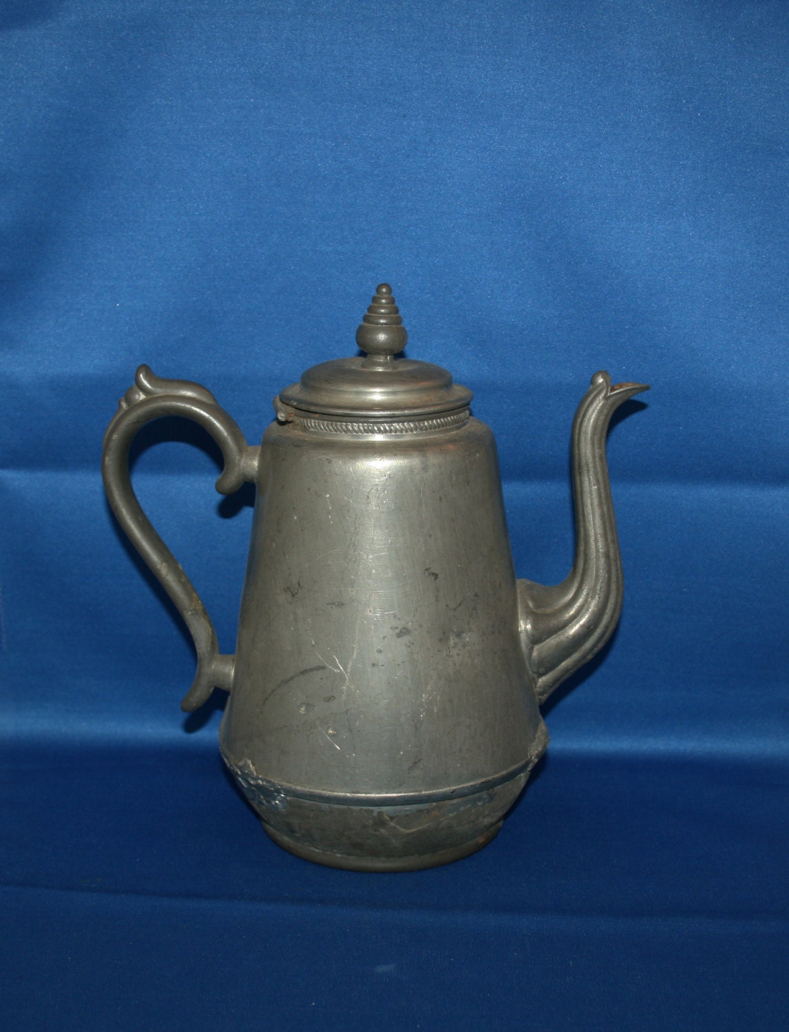 Vintage K S Pewter Tea Pot Plymouth USA Ball Wicker Wrapped Handle