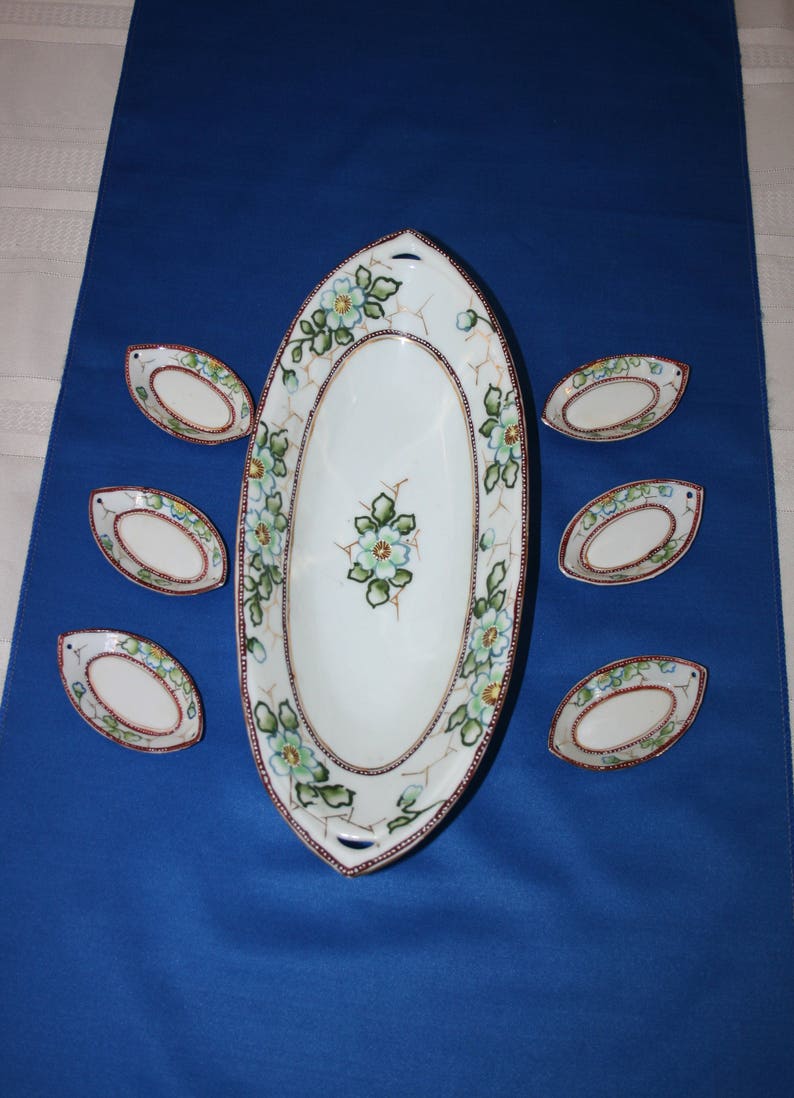 Antique Hand Painted Celery Serving Dish Set 6 Matching Salt Dip Cups