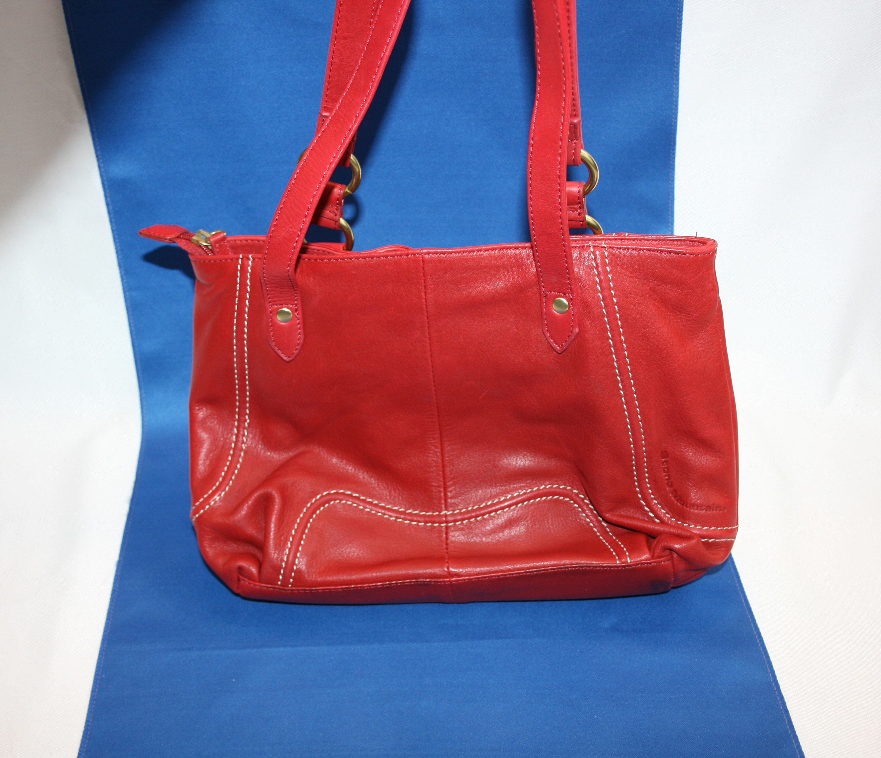 Vintage STONE MOUNTAIN Red Leather Purse Zipper Closure, Double Strap