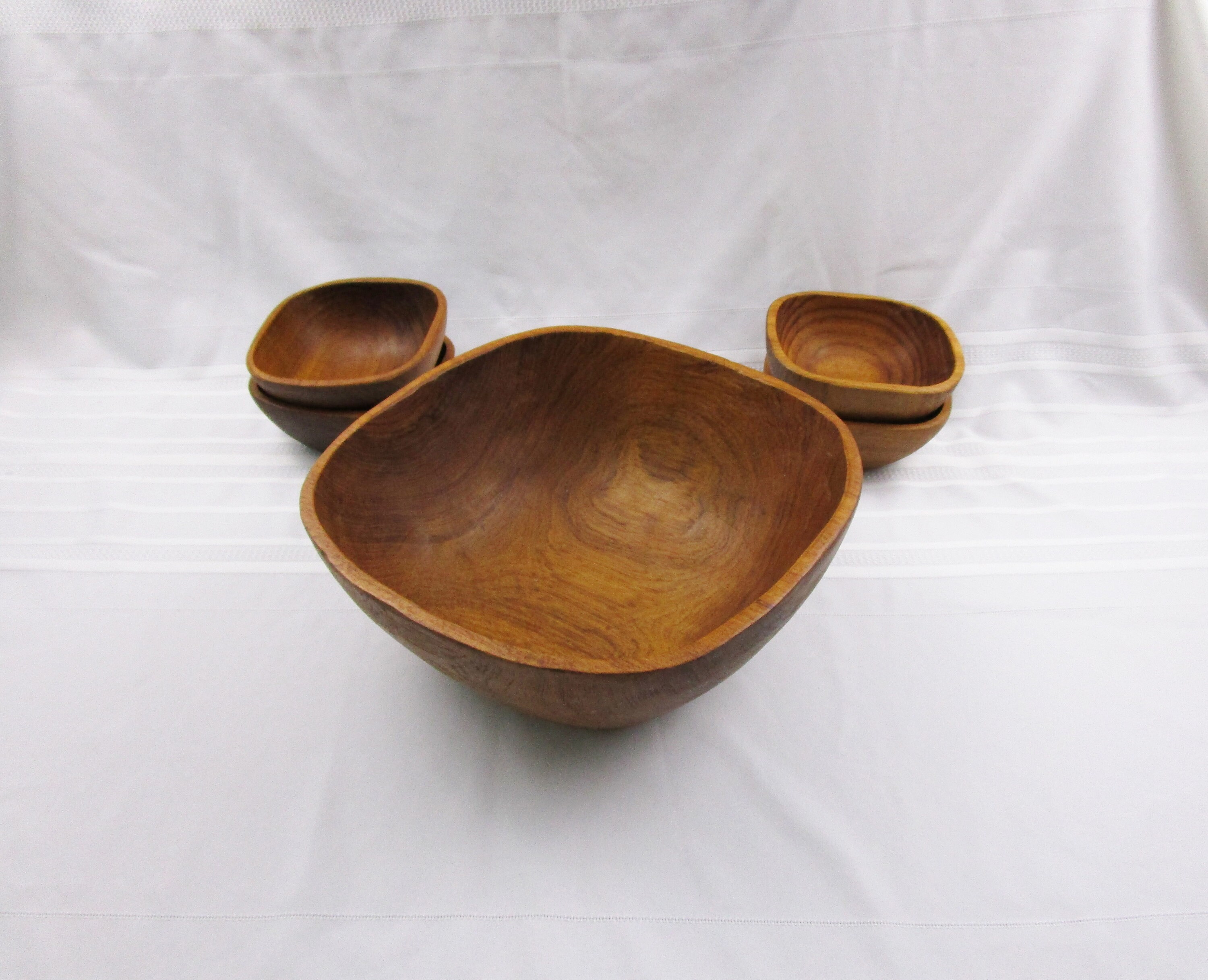 Vintage Teak Serving Bowl Set of 5 Wood Salad Bowls Hand Turned Carved