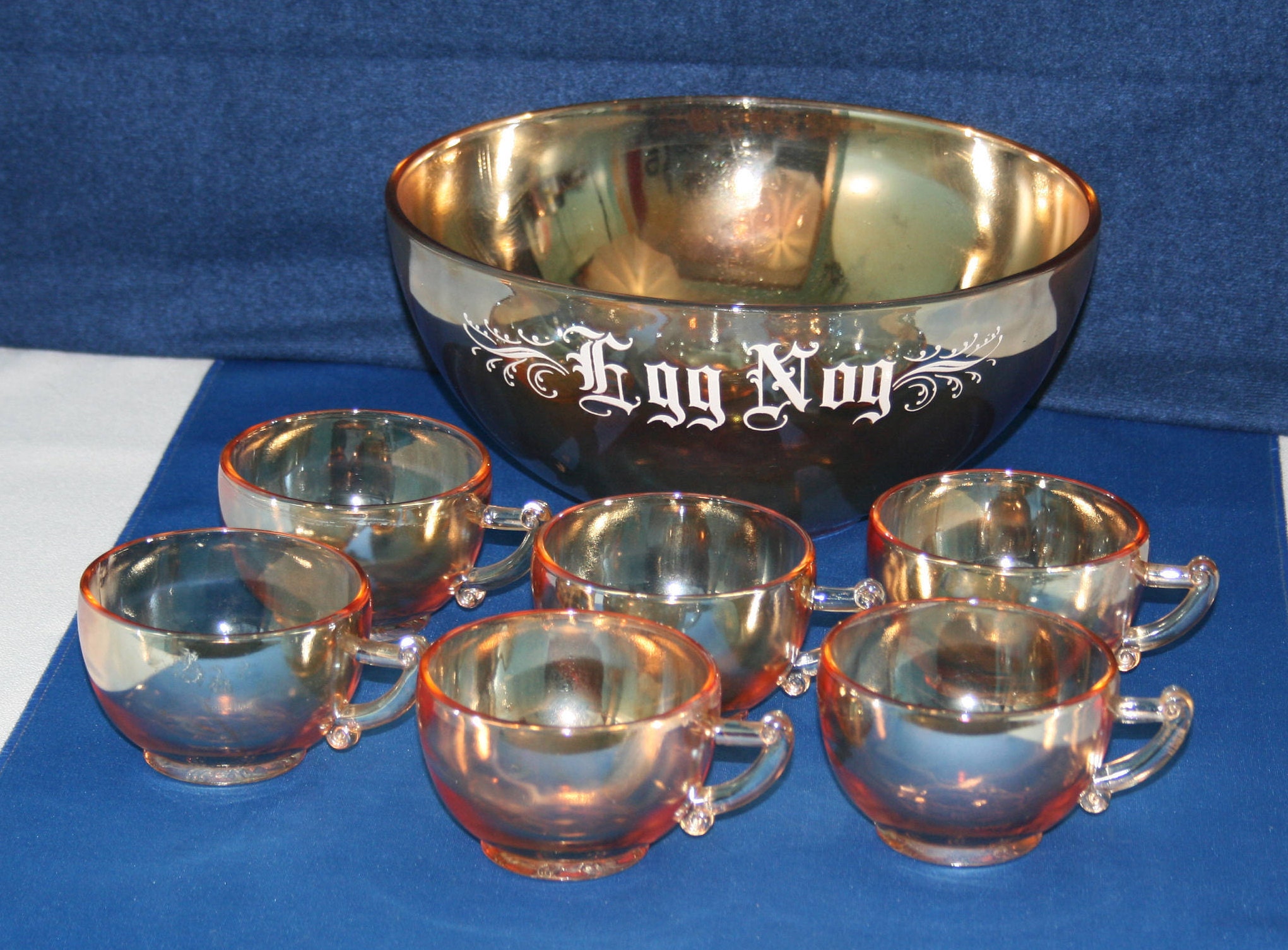 Vintage Glass Co Carnival Glass Eggnog Bowl and 6 Cup Set in