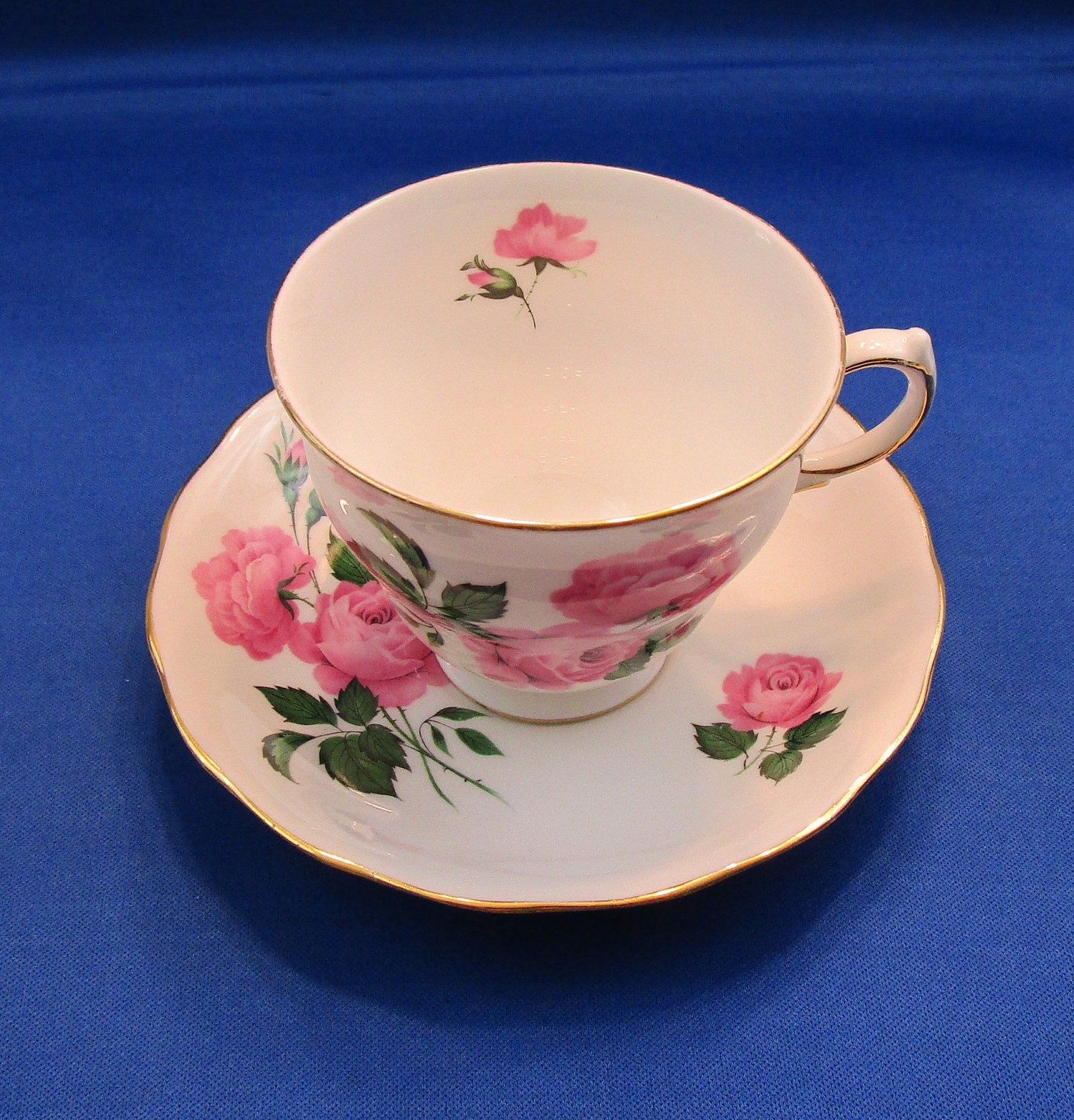 Queen Anne by Ridgway 8505 Pink Roses and Tan Scrolls Bone China Cup and Saucer