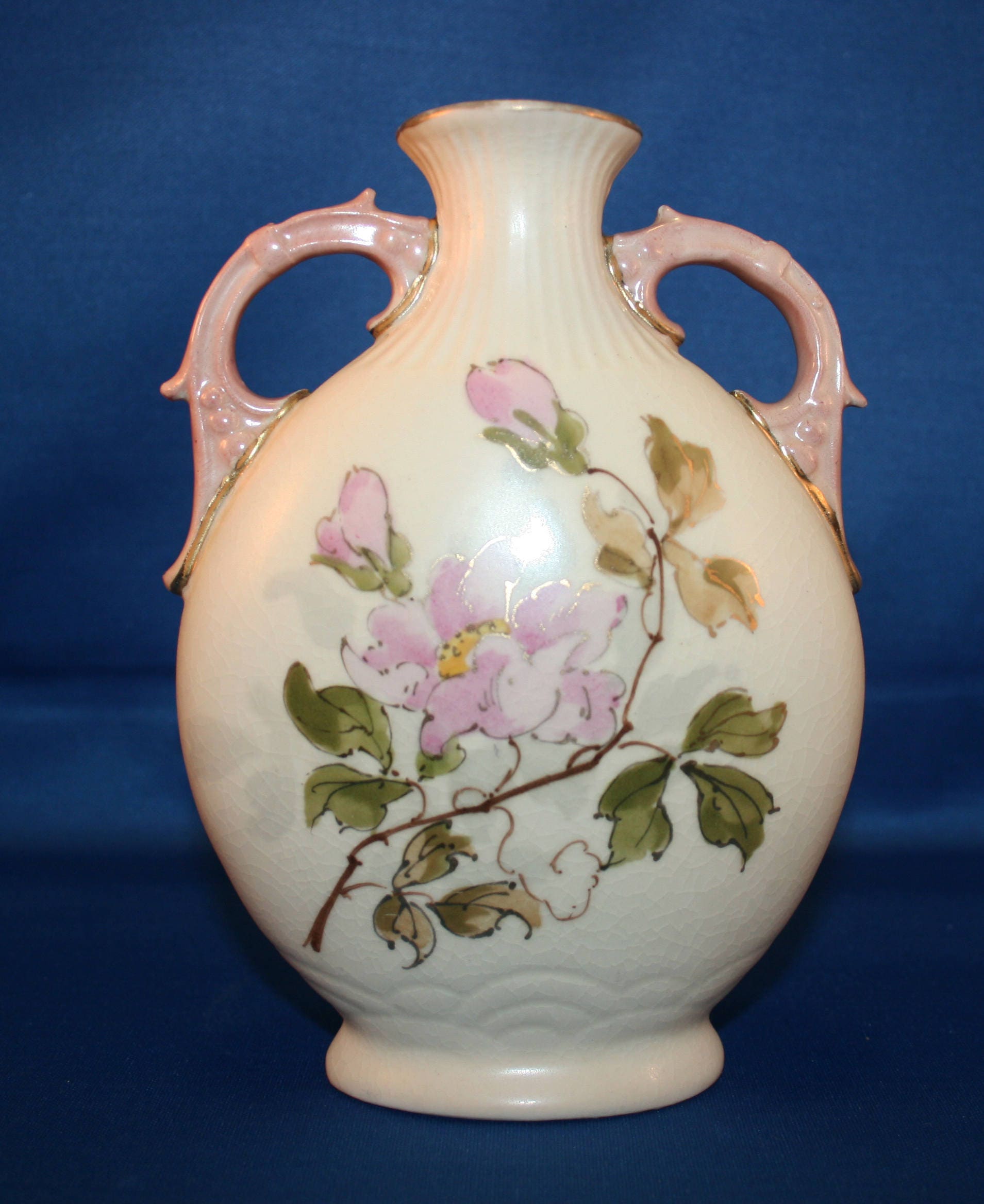 Vintage Tan Pillow Vase Hand Painted with Gold Gilding and Pink Roses