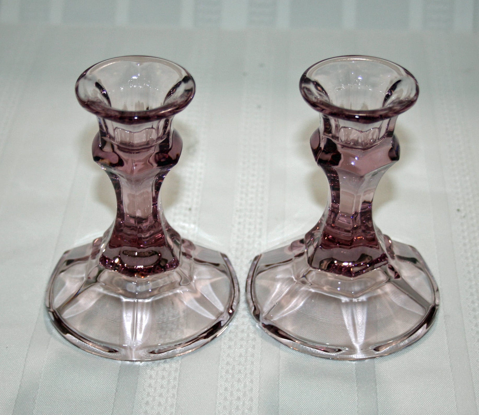 Vintage Amethyst Candlesticks Pressed Glass purple candle holders February wedding Depression