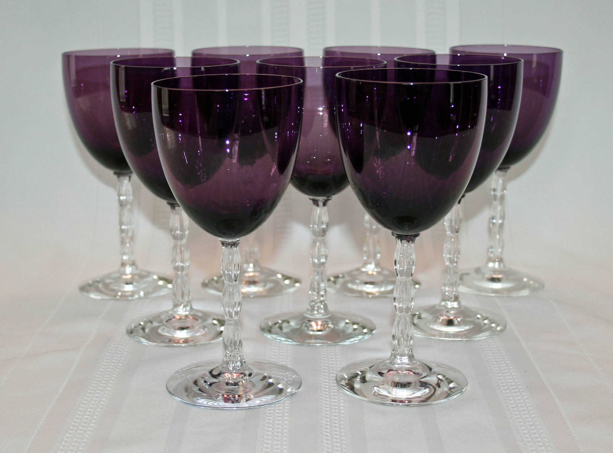 RARE Vintage Fostoria Westchester Crystal Amethyst Wine Glass Set of 9 circa 1940's purple water