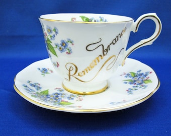 Vintage Tuscan Remembrance Bone China Tea Cup and Saucer with Forget Me Not flowers, Made in England English Tea Party