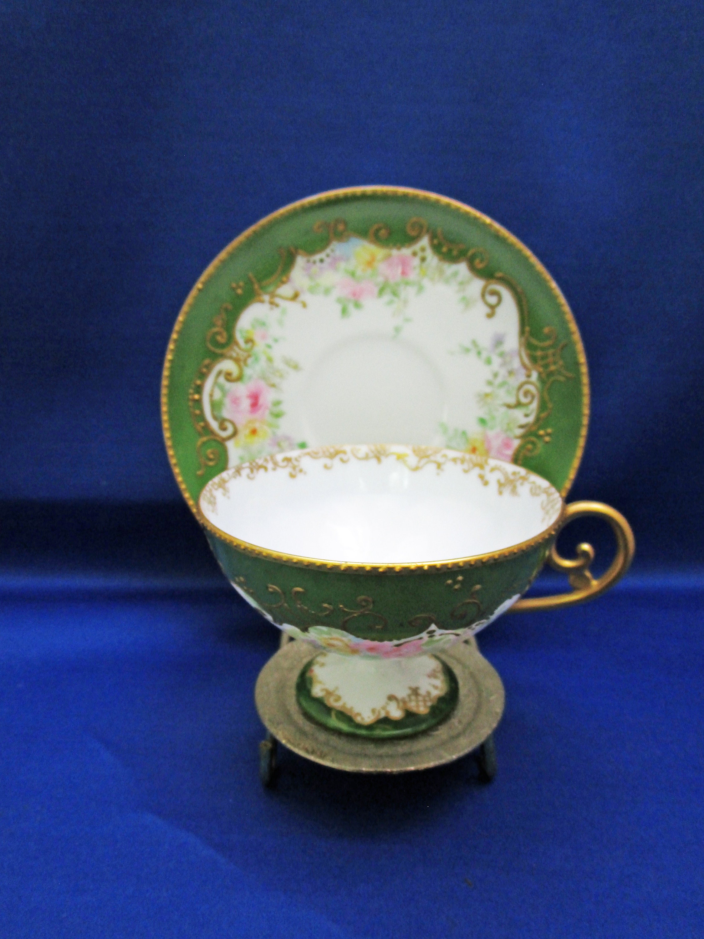 Antique Teacup X.A.W. Hand Painted Floral Pedestal Tea Cup and Saucer