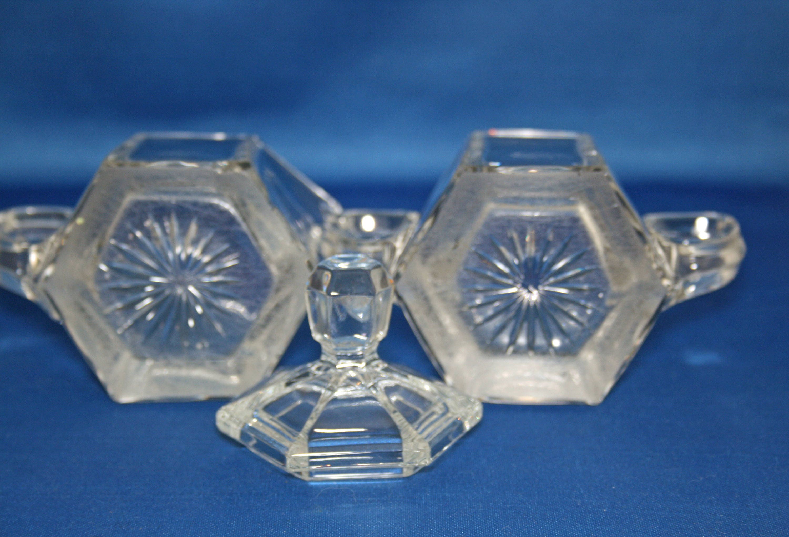 Antique Heisey Glass Creamer and Lidded Sugar Bowl Set 6 Hexagon Flat