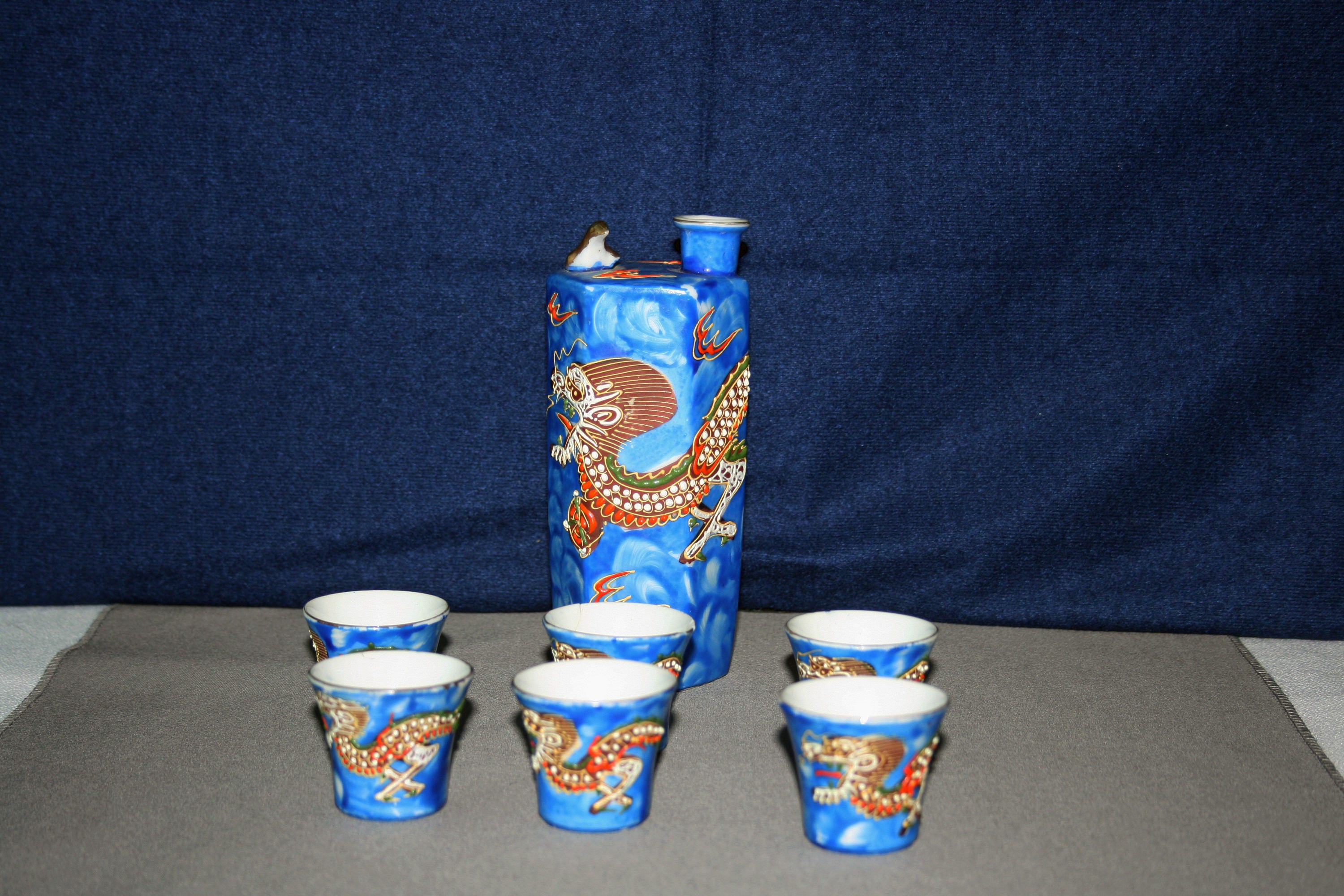 Vintage Dragonware Sake Set SATSUMA Geisha Lithophane Whistling Singing