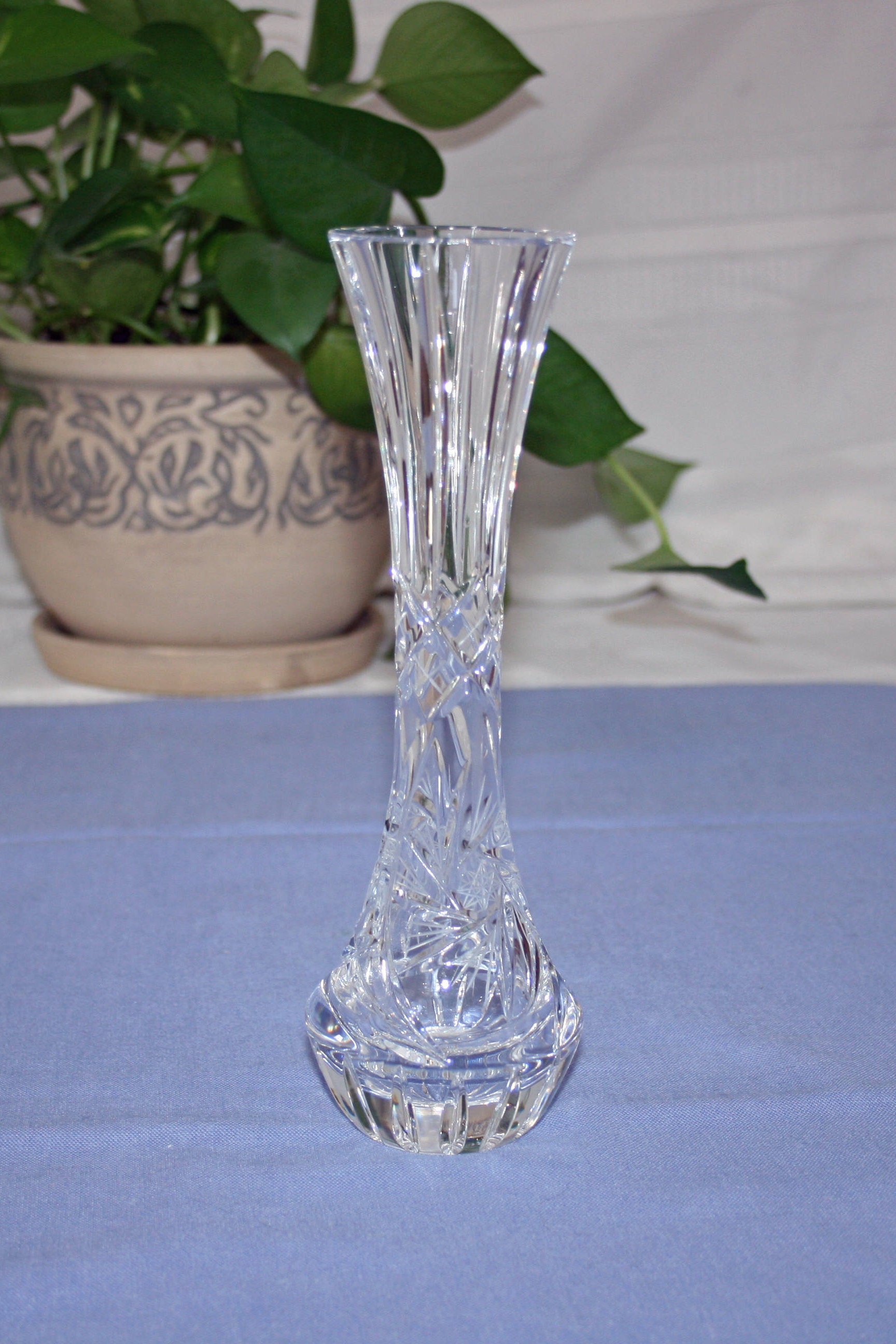 Vintage Lead Crystal Fluted Bud Vase Hand Cut Swirled Star pinwheel