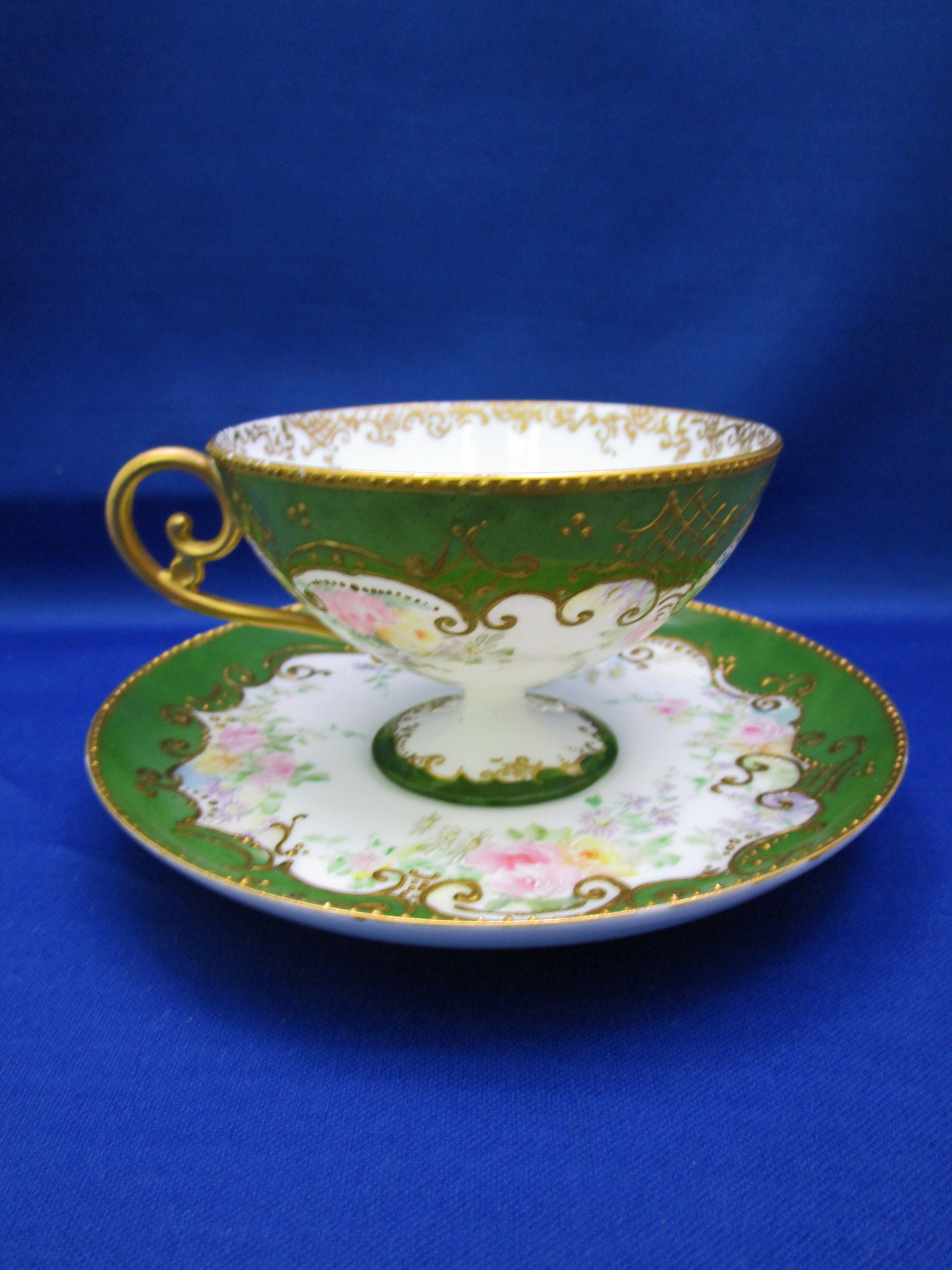 Antique Teacup X.A.W. Hand Painted Floral Pedestal Tea Cup and Saucer
