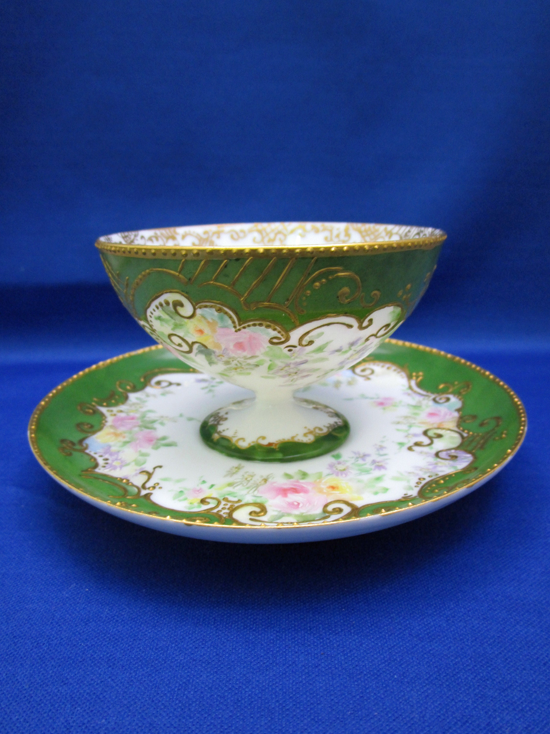 Antique Teacup X.A.W. Hand Painted Floral Pedestal Tea Cup and Saucer