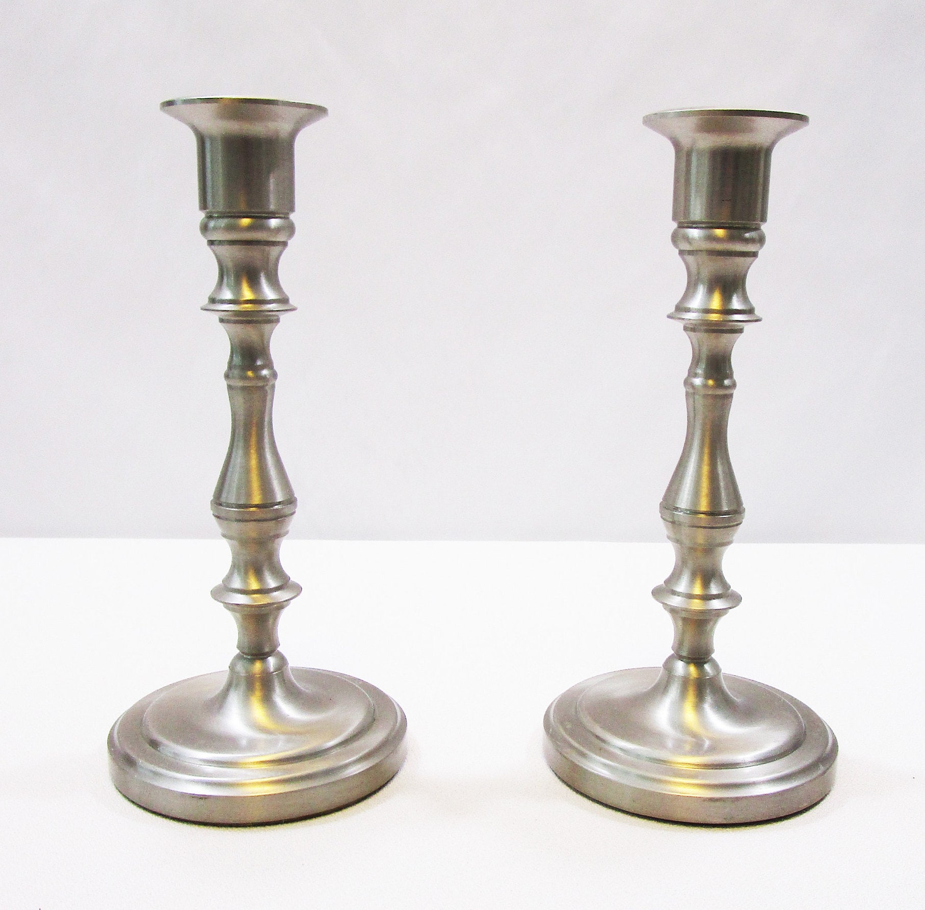 Vintage Baldwin Candlesticks 7 Inch Brass Platinum Mist Satin Nickel