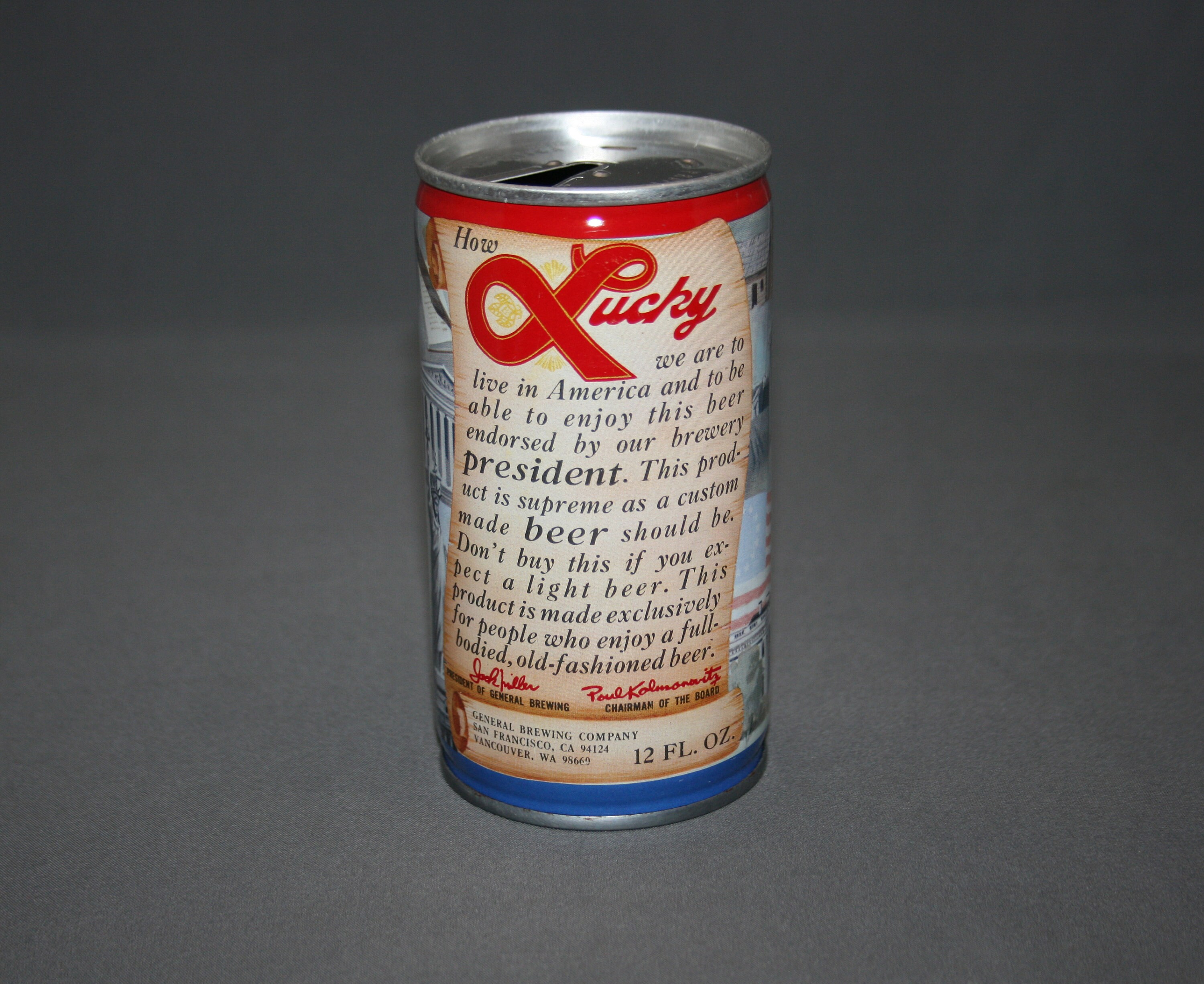 Vintage General Washington Lucky Beer Steel Can Pull Tab Opened & Empty Collectible Bar