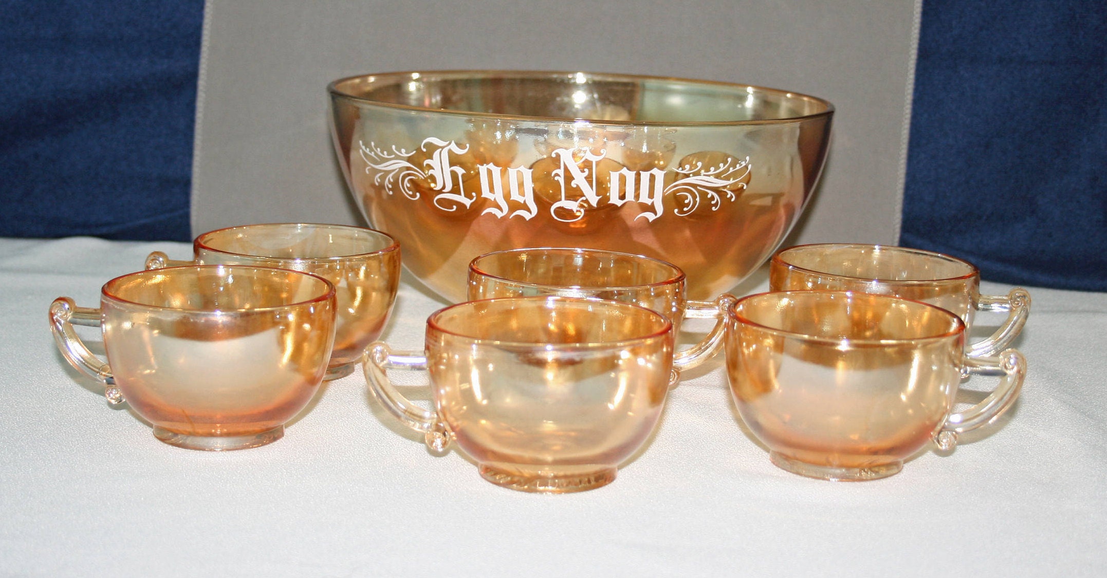 Vintage Glass Co Carnival Glass Eggnog Bowl and 6 Cup Set in
