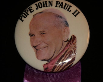 Vintage Catholic Pope John Paul II Welcome to the USA Pinback Button and Purple Ribbon Pin Religious Collectible Memorabilia Ephemera