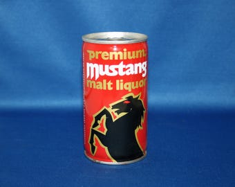 Vintage Mustang Premium Malt Liquor Beer Can Pull Tab Steel Unopened Empty Bar Memorabilia Barware Collectible Breweriana Advertisement