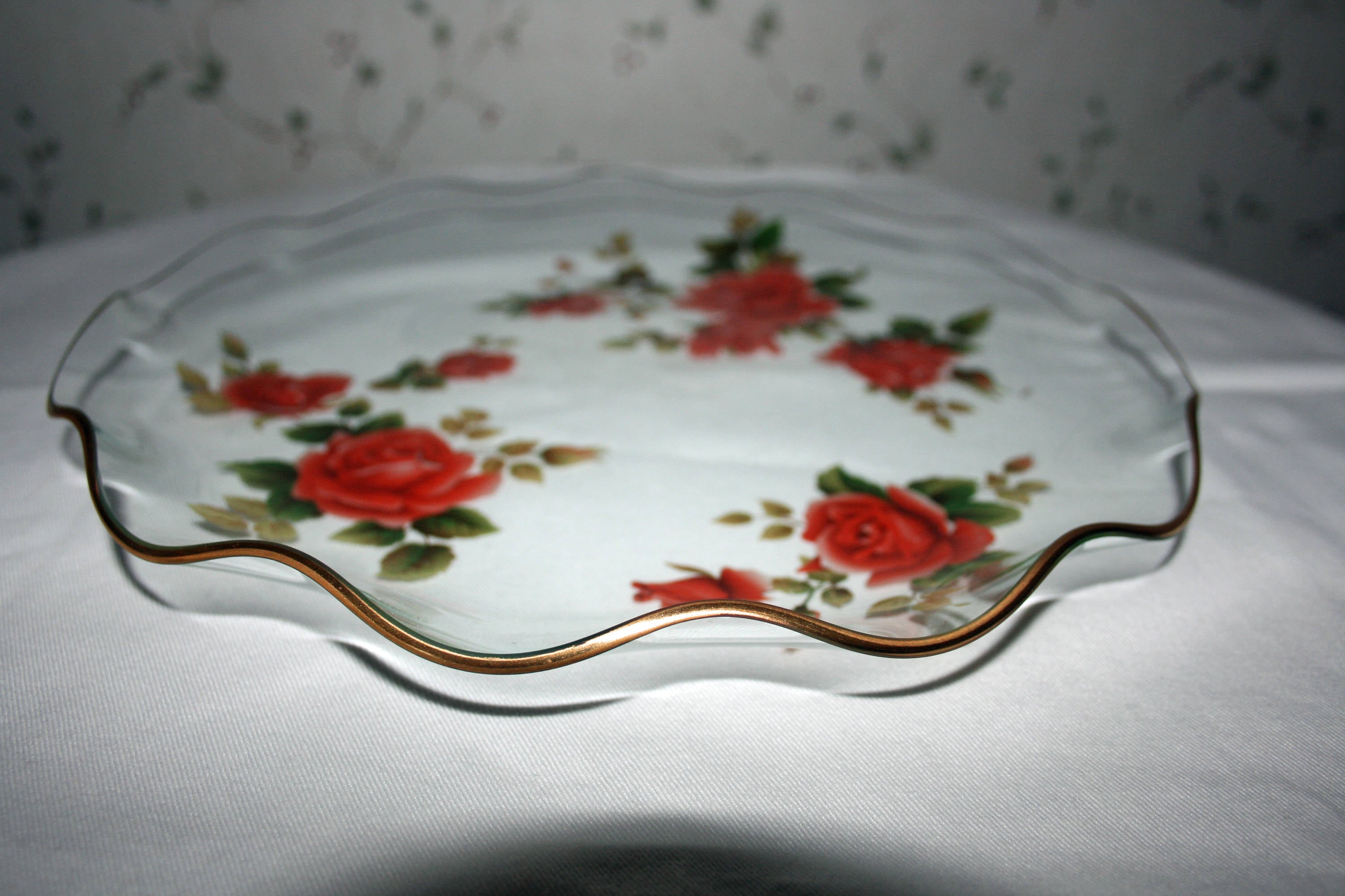 Vintage Glass Rose Plate Ruffled Dish with Red Roses on Clear Glass
