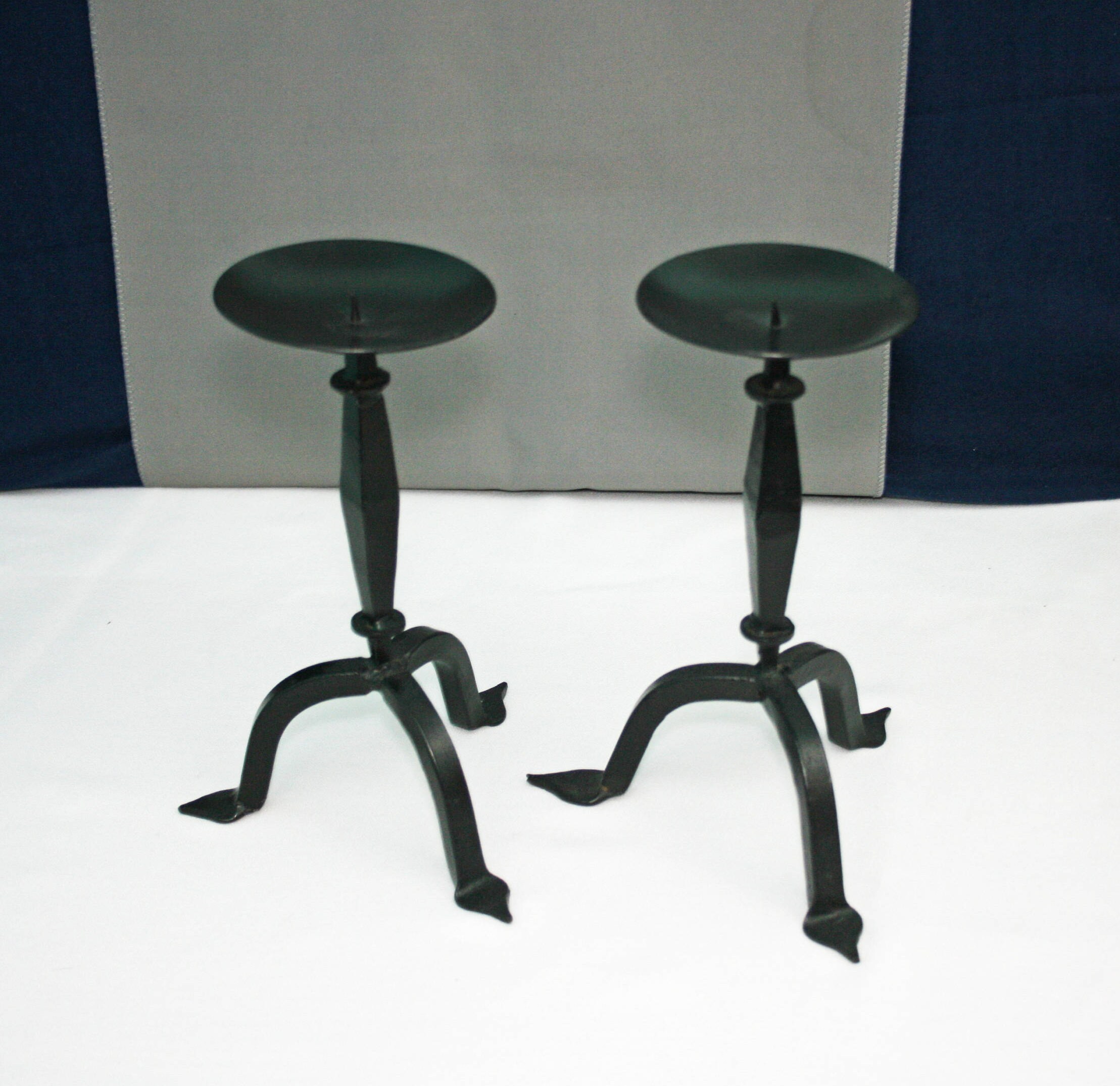 Pair Hand Wrought Iron TriFoot Tabletop Candlesticks Set of 2