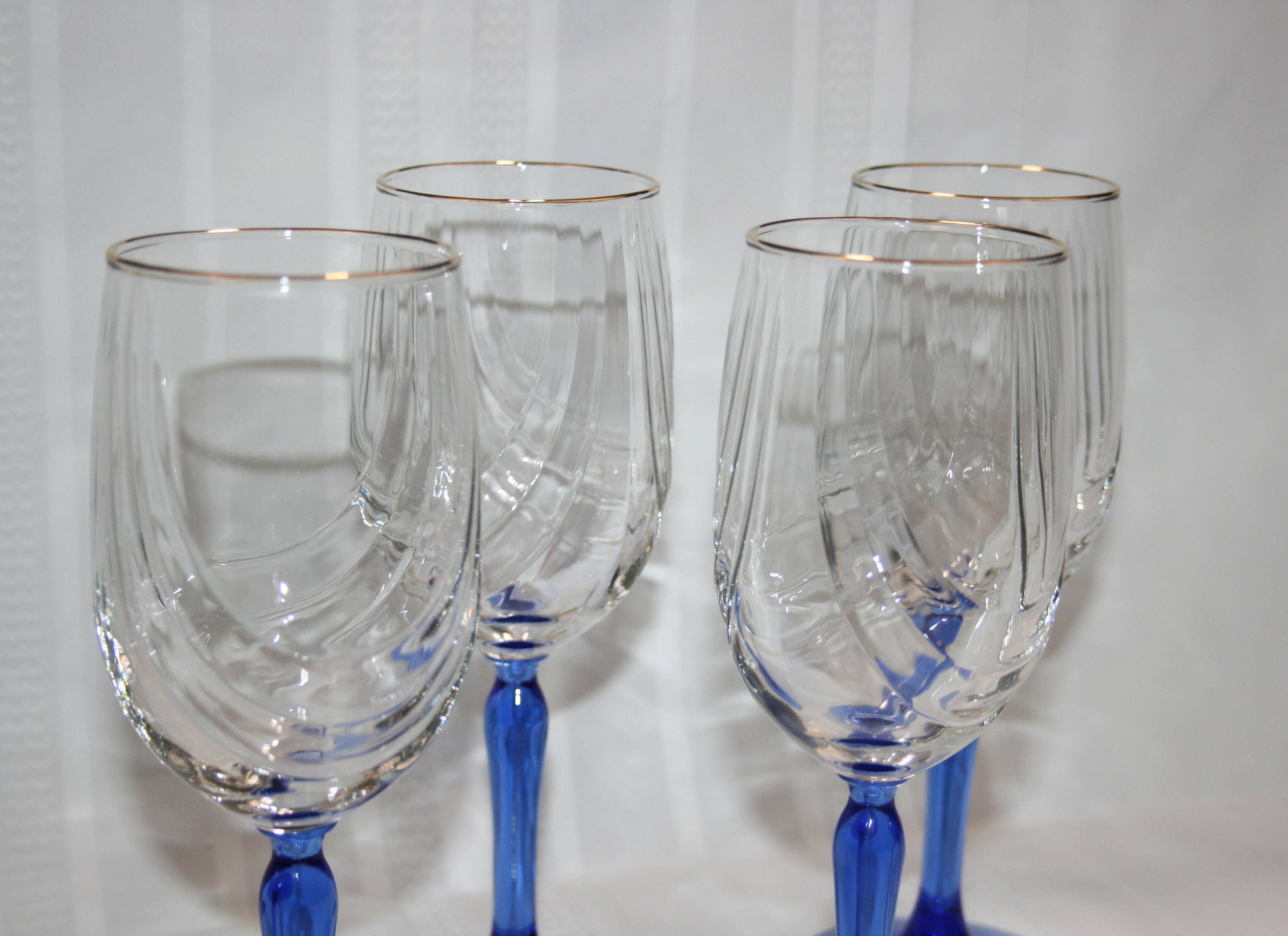 Vintage Lenox Crystal Blue Stemmed Gold Rimmed Wine Glasses Set of 4 