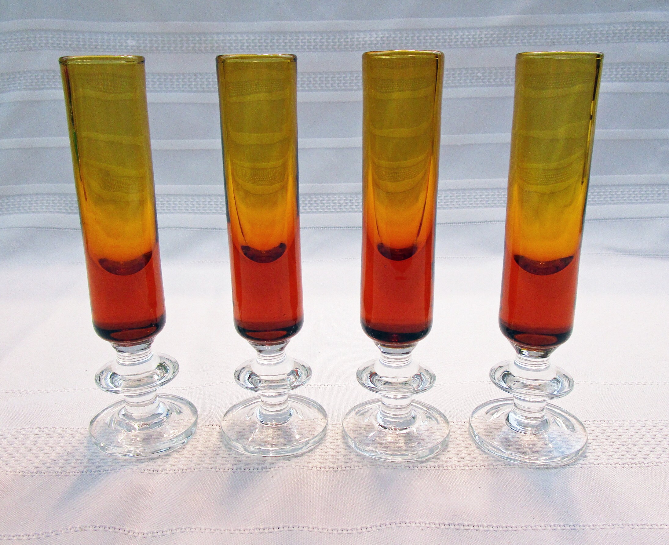 Vintage Set of 4 Shot Glasses Amber and Clear Stemmed Shot Glass