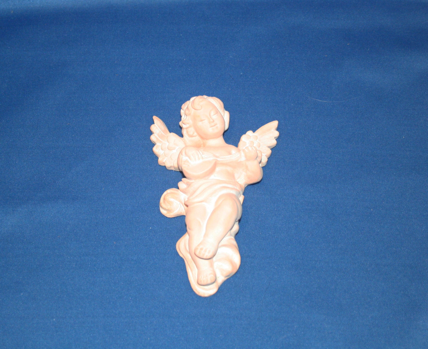 Vintage Bisque Hanging Cherub Playing the Guitar Ceramic Angel