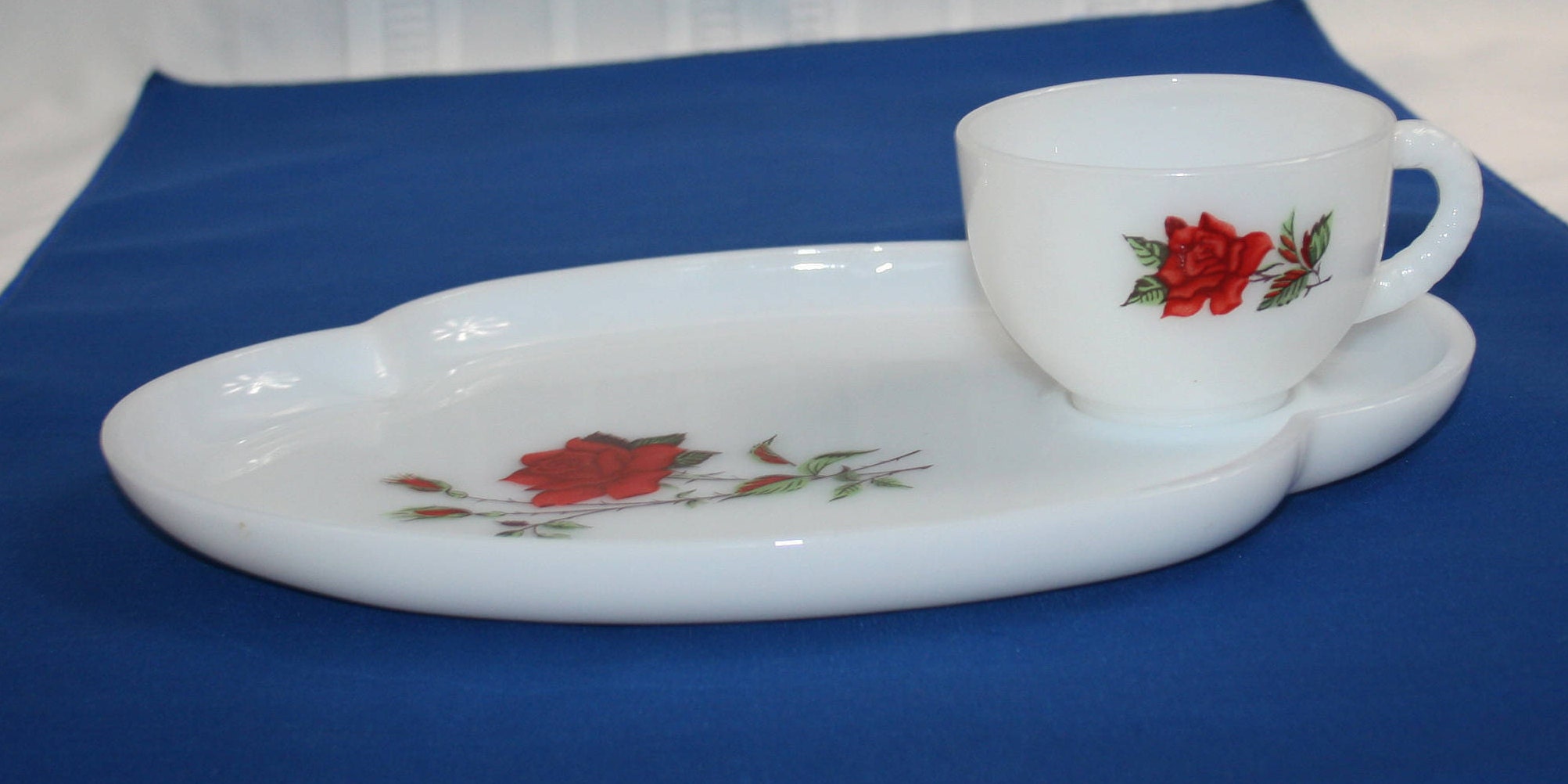 Vintage Federal Glass Teacup and Saucer Rosecrest Dura White Plate and