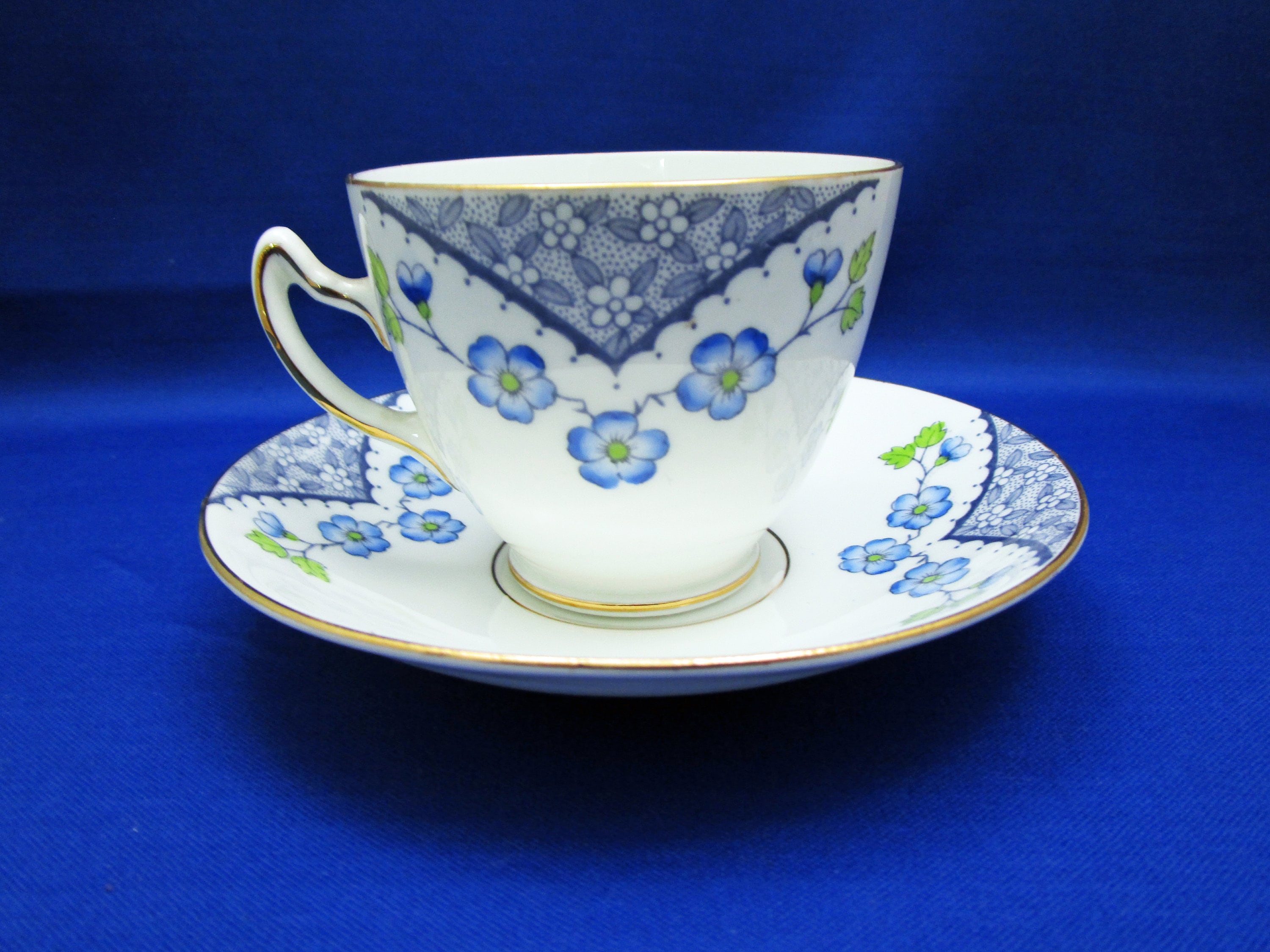 Vintage Tea Cup Rosina Blue Floral Bone China Teacup and Saucer Blue