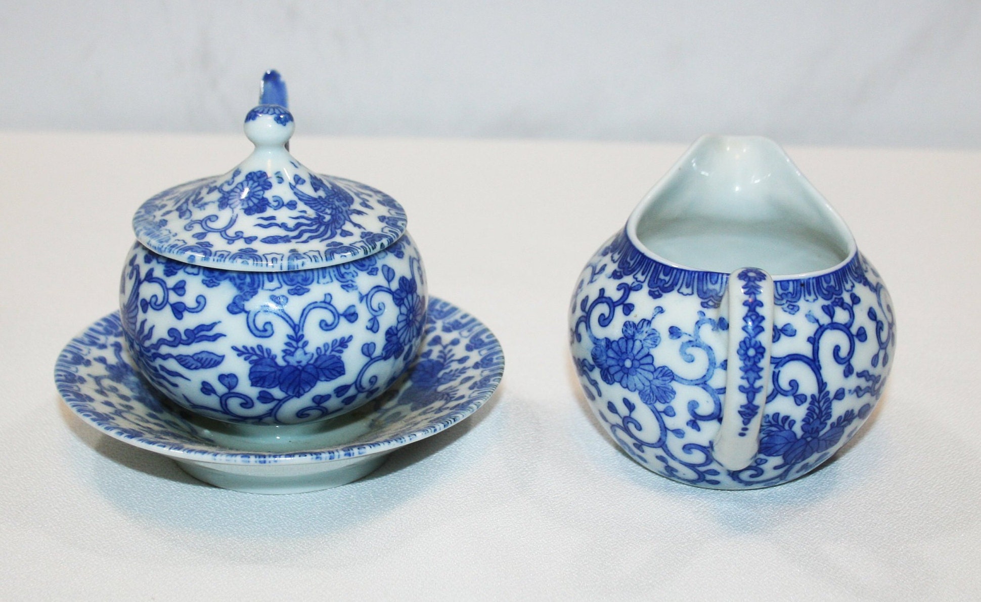 Antique Phoenix Creamer and Sugar Bowl set Blue and White Ceramic