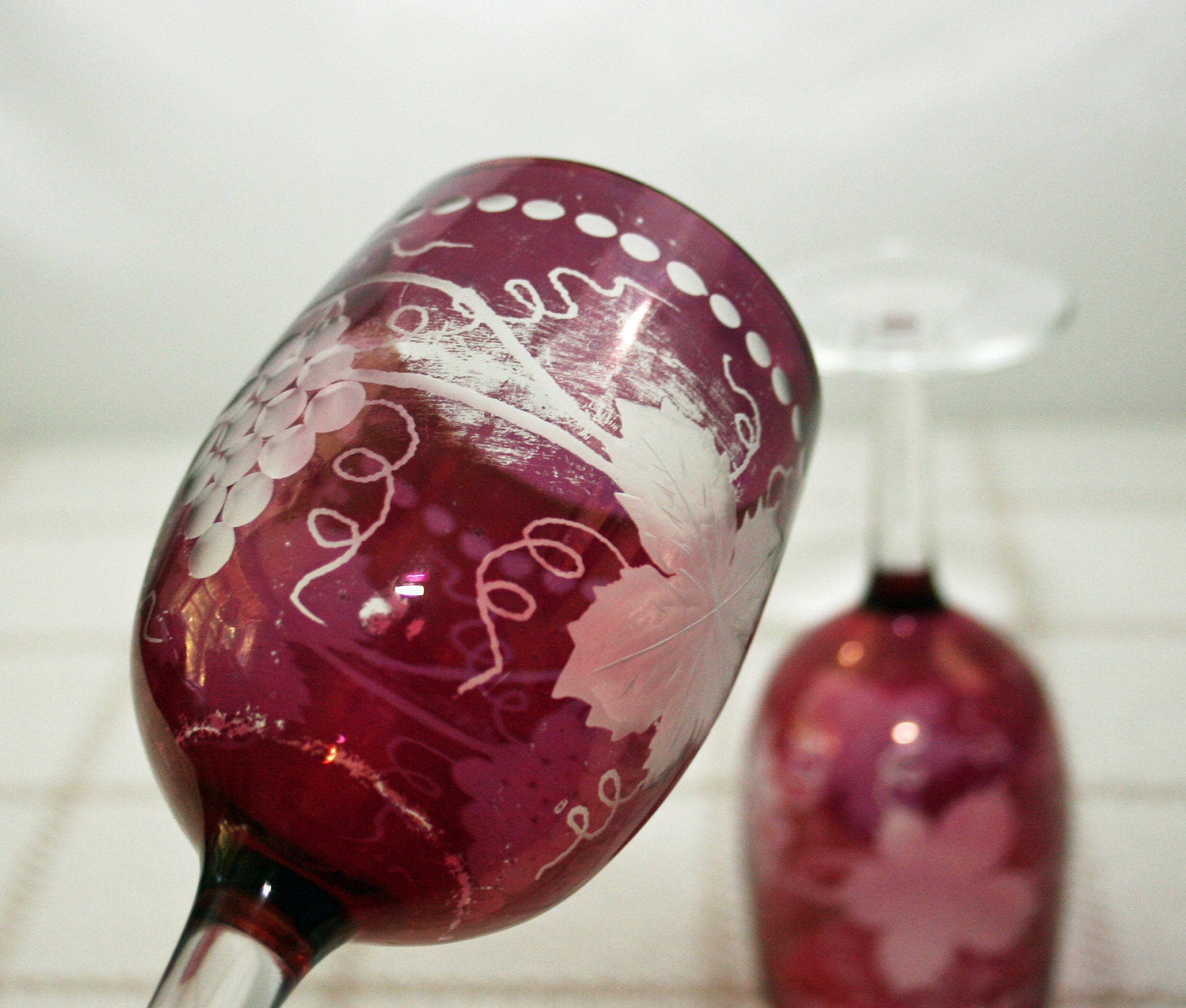 Vintage Pair Ruby Red Flash Wine Glasses Hand Etched Grape Motif