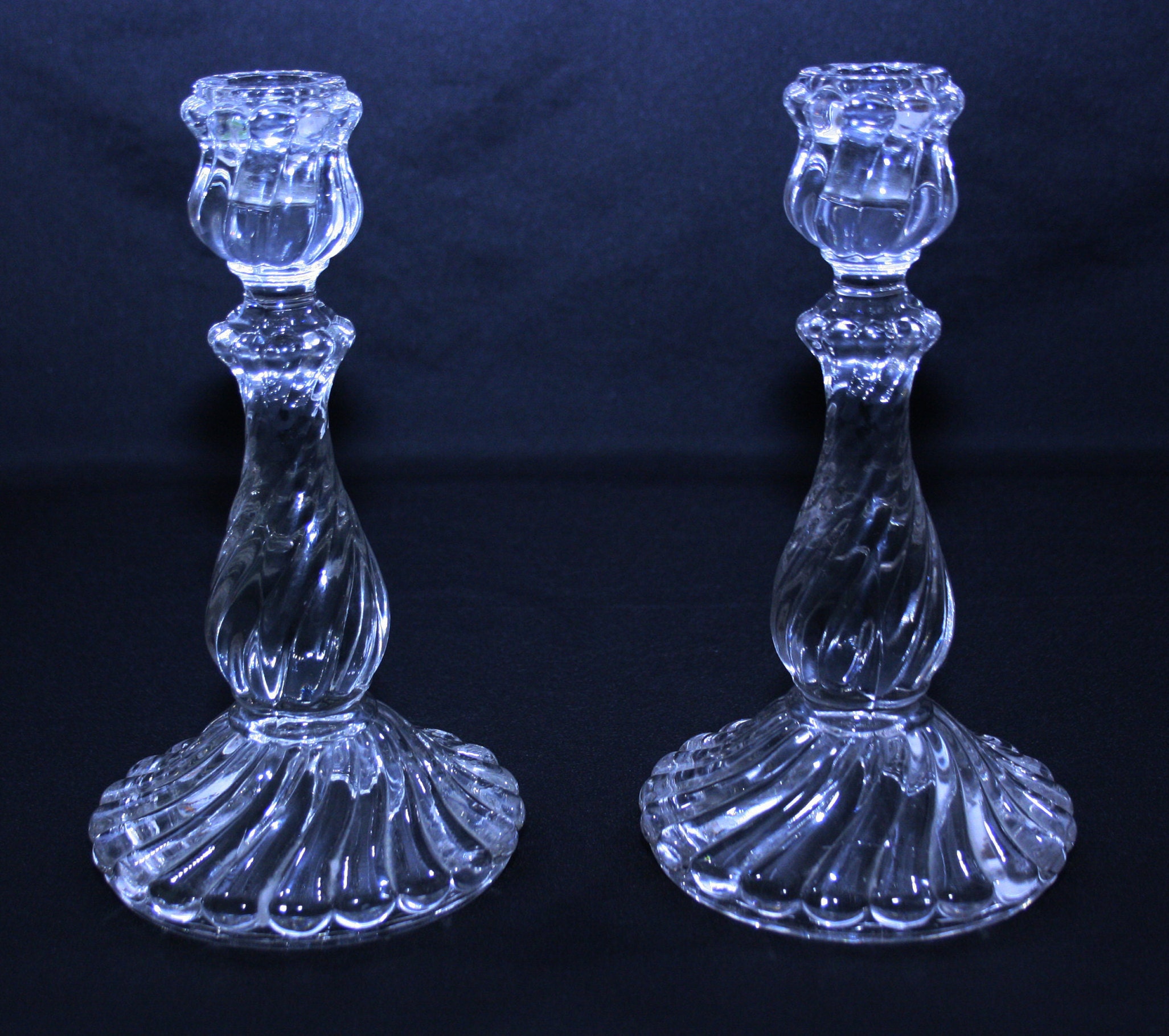 Antique Swirl Candlesticks EAPG era 9 inch Pressed Glass Spiral Pillar
