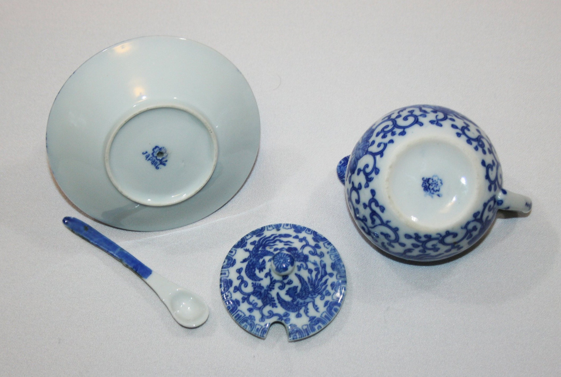 Antique Phoenix Creamer and Sugar Bowl set Blue and White Ceramic